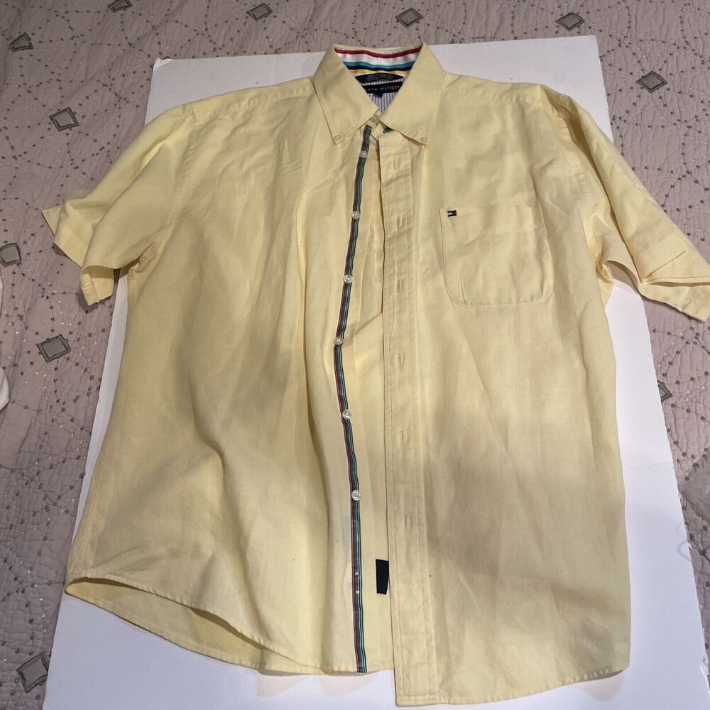 Vintage Tommy Hilfiger Shirt Mens Large Yellow Short Sleeve Button Down